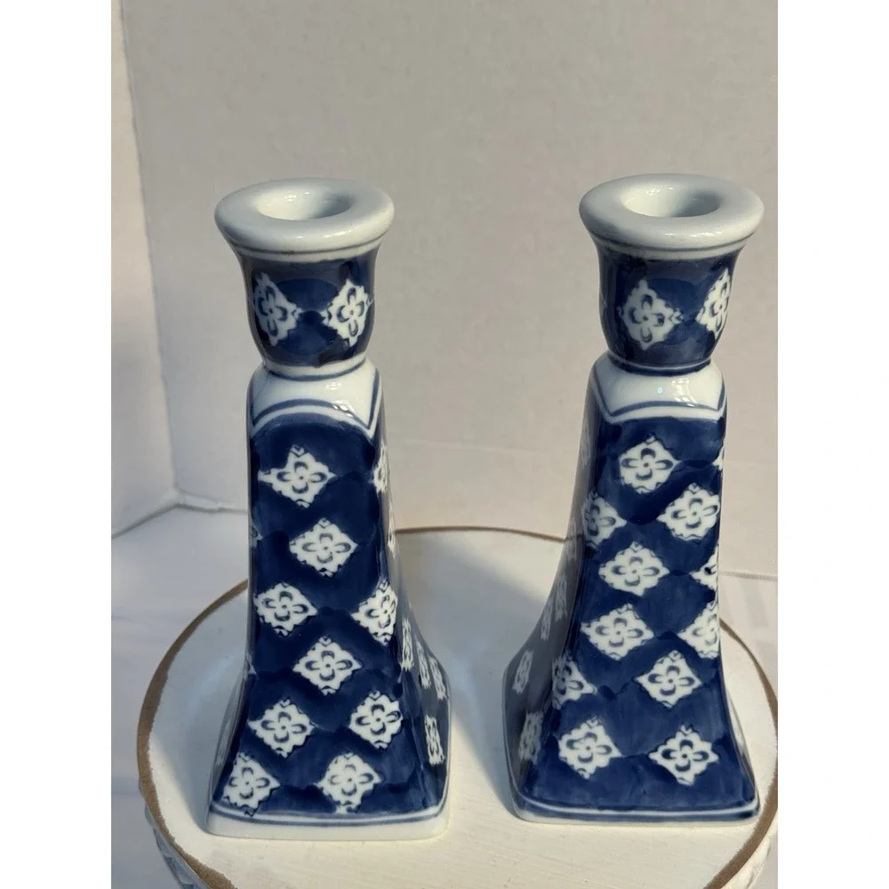 Handcrafted For Silvestri Blue‎ And White Glass Taper Holders 8.25